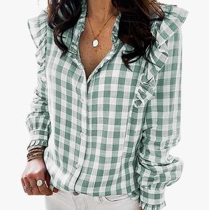 V Neck shirt button down ruffle long sleeve blouse top. Green in shirt i…
